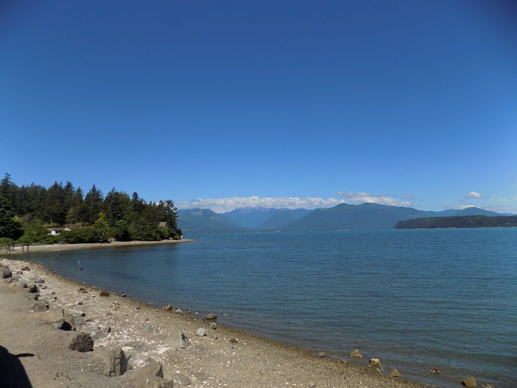 A shot of water at Big Beef Creek, with mountains in the background