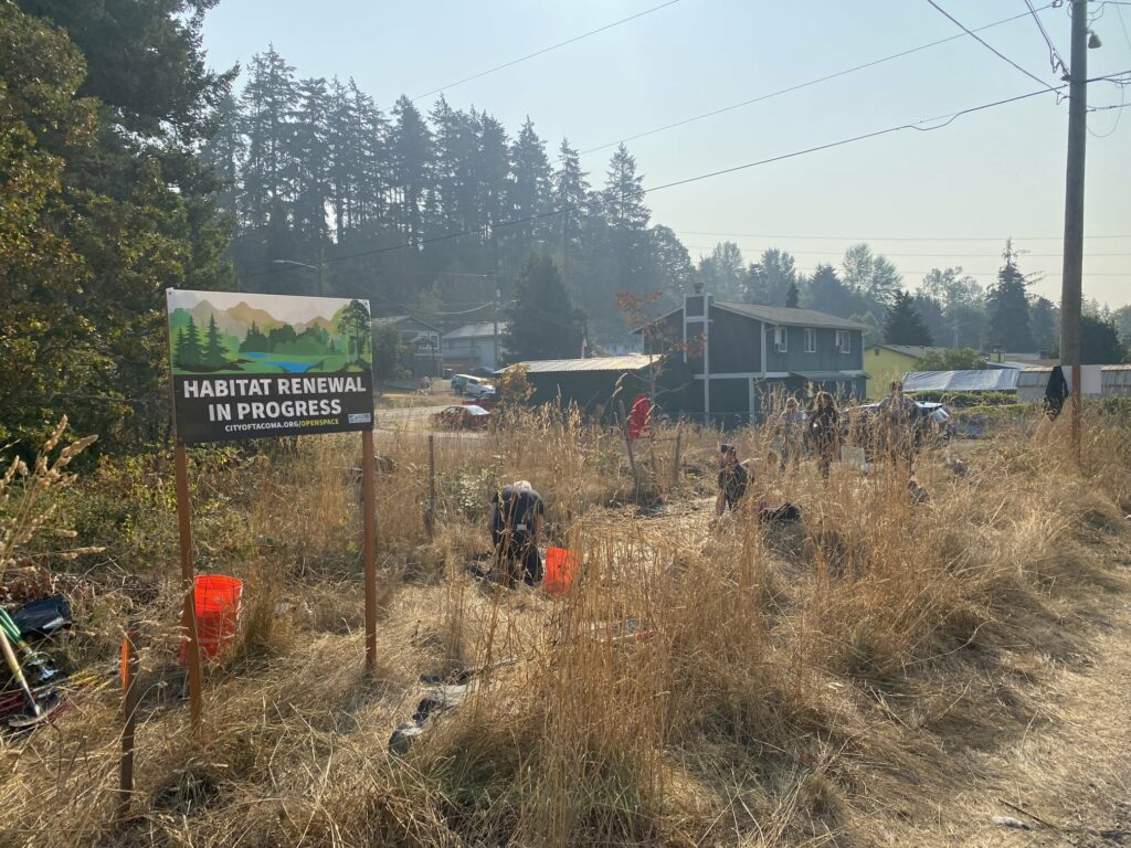 People planting trees with a house in the background