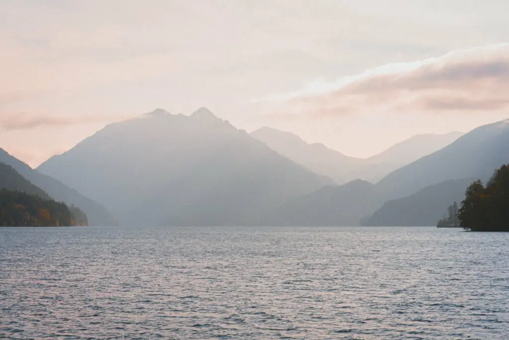 Photograph of Puget Sound with hazy mountains in the background