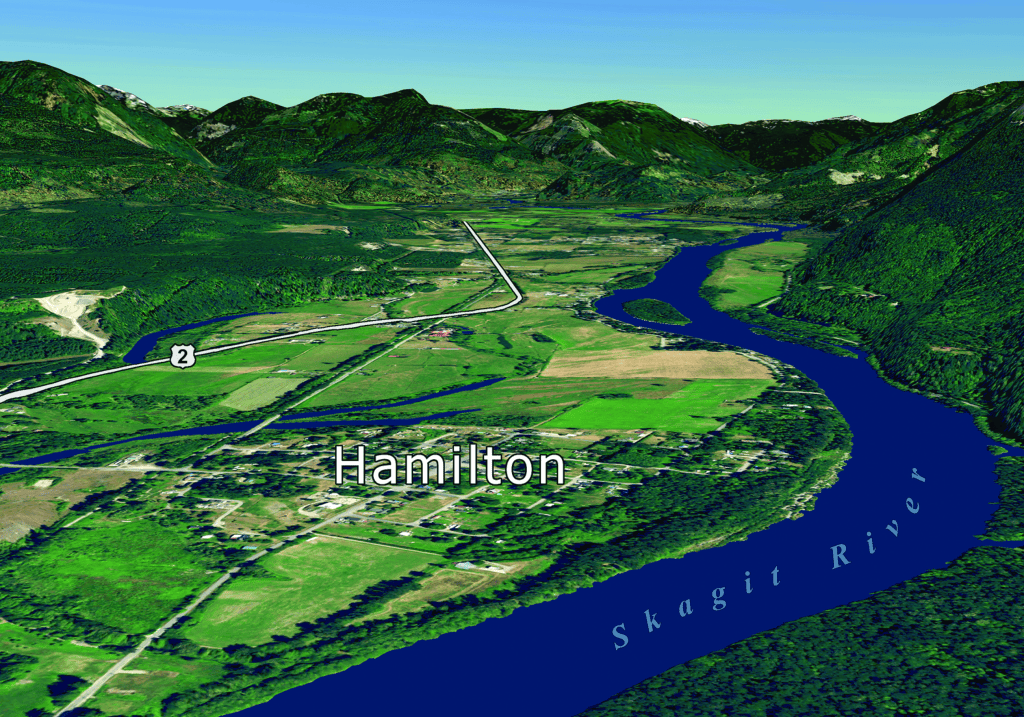 A 3d graphic of a floodplain in Hamilton, next to the Skagit river.