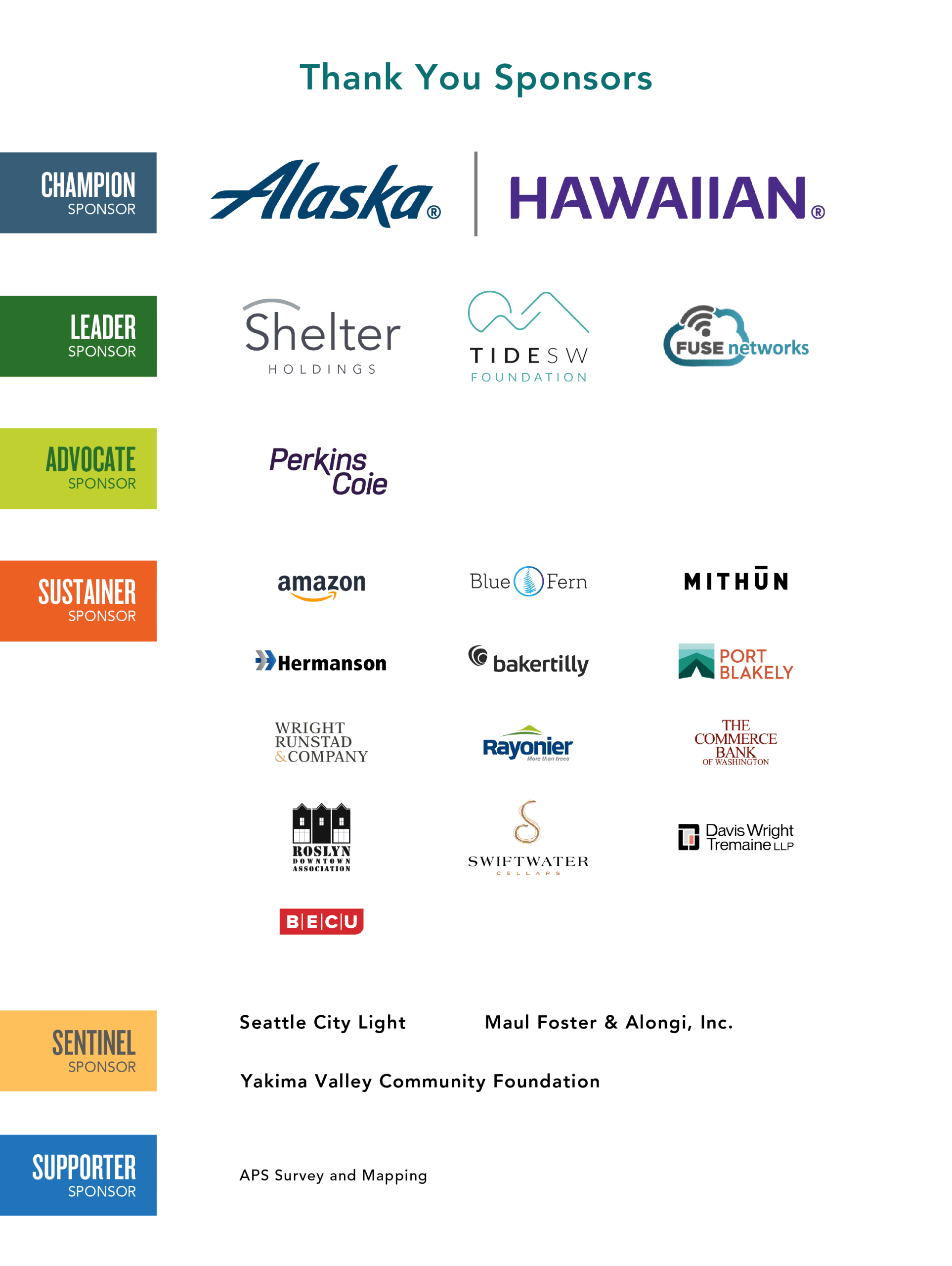 An image of many companies logos and names sponsoring Forterra's spring fundraiser.