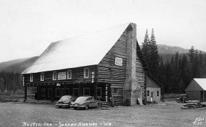 A black and white photo of Rustic Inn, Sunset Highway, near Easton, 1953.