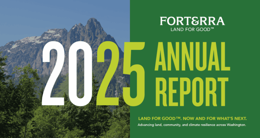 A banner image promotes the release of the 2025 Annual Report by Forterra and includes branded elements on a background of a mountain and Forterra green.