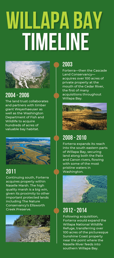 WILLAPA BAY TIMELINE
2003: Forterra, then the Cascade Land Conservancy, acquires over 100 acres of private property at the mouth of the Cedar River, the first of many acquisitions throughout Willapa Bay.
2004–2006: The land trust collaborates and partners with timber giant Weyerhaeuser as well as the Washington Department of Fish and Wildlife to acquire hundreds of acres of valuable bay habitat.
2008–2010: Forterra expands its reach into the south eastern parts of Willapa Bay, securing land along both the Palix and Canon rivers, flowing with some of the most pristine waters in Washington.
2011: Continuing south, Forterra acquires property within Naselle Marsh. The high quality marsh is a big win, given its proximity to other important protected lands including The Nature Conservancy’s Ellsworth Creek Preserve.
2012–2014: Following acquisition, Forterra would expand the Willapa National Wildlife Refuge, transferring over 100 acres of the picturesque Sunshine Coast property near the point where the Naselle River feeds into southern Willapa Bay.